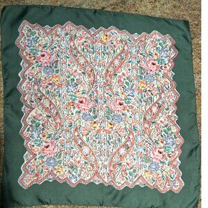 Vintage Liberty of London Green Border Floral All Silk Scarf 17 1/4" x 17  1/2"